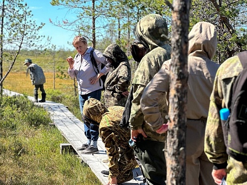 На фотографии группа людей идет по деревянному настилу через болотистую местность. Впереди идет женщина в светлой рубашке и джинсах. Она что-то объясняет, жестикулируя рукой. У нее за спиной рюкзак.  За ней следуют несколько человек в камуфляжной одежде с